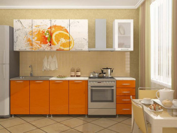 Кухонный гарнитур 1,6м Апельсин (Белый/Оранжевый металлик/Фотопечать апельсин) в Шипуново - shipunovo.mebel54.com | фото